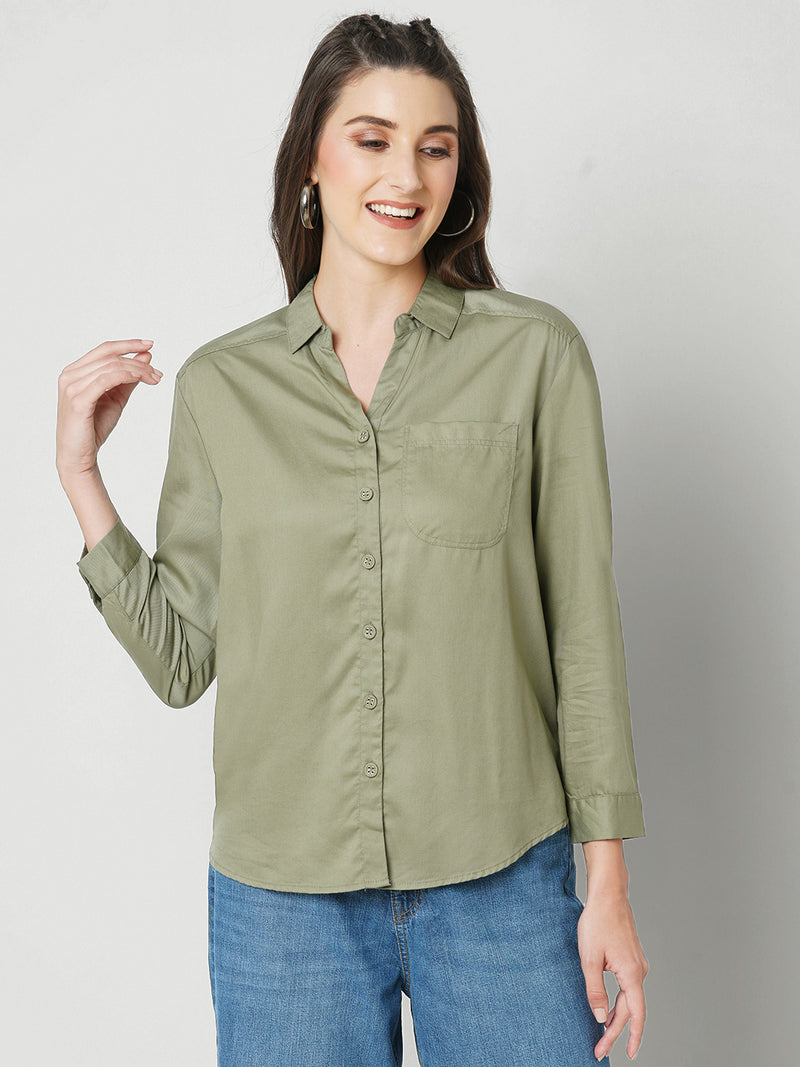 Women Olive Solid Three-Quarter Sleeves Shirts