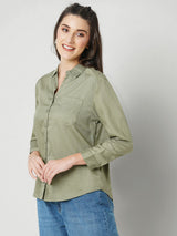 Women Olive Solid Three-Quarter Sleeves Shirts