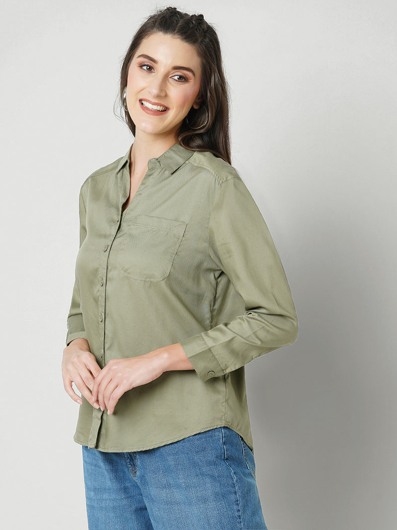 Women Olive Solid Three-Quarter Sleeves Shirts