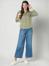 Women Olive Solid Three-Quarter Sleeves Shirts