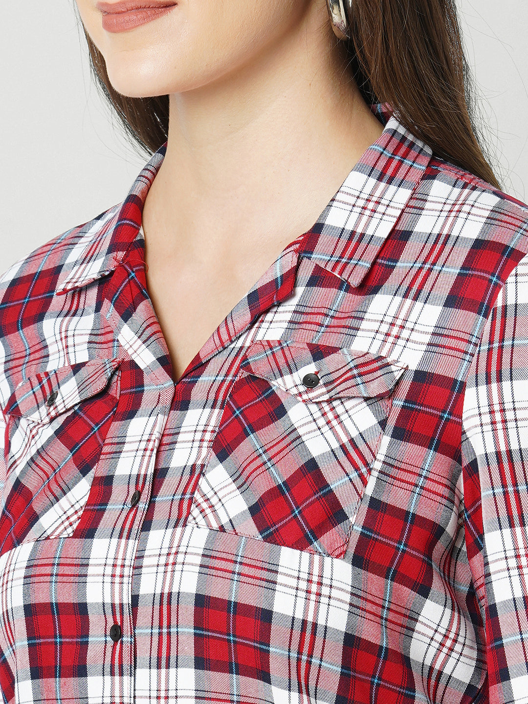 Women Red Checked Three-Quarter Sleeves Shirts