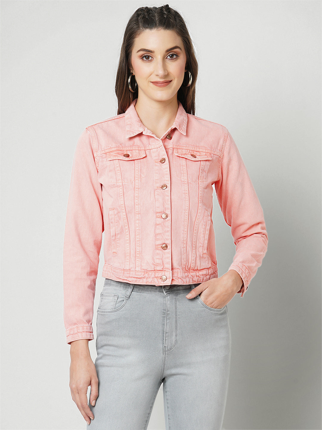 Women Pink Solid Denim Jacket
