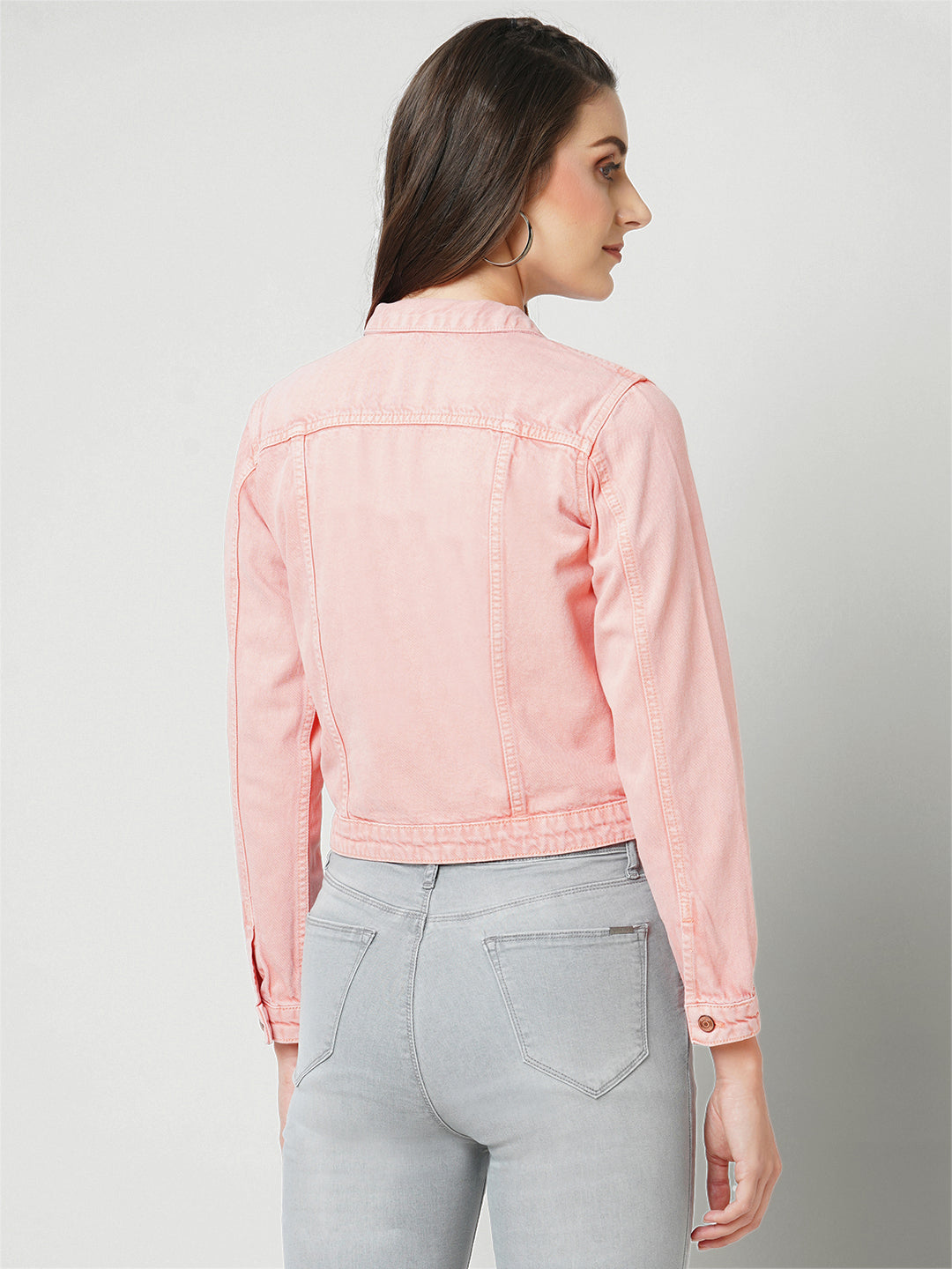 Women Pink Solid Denim Jacket