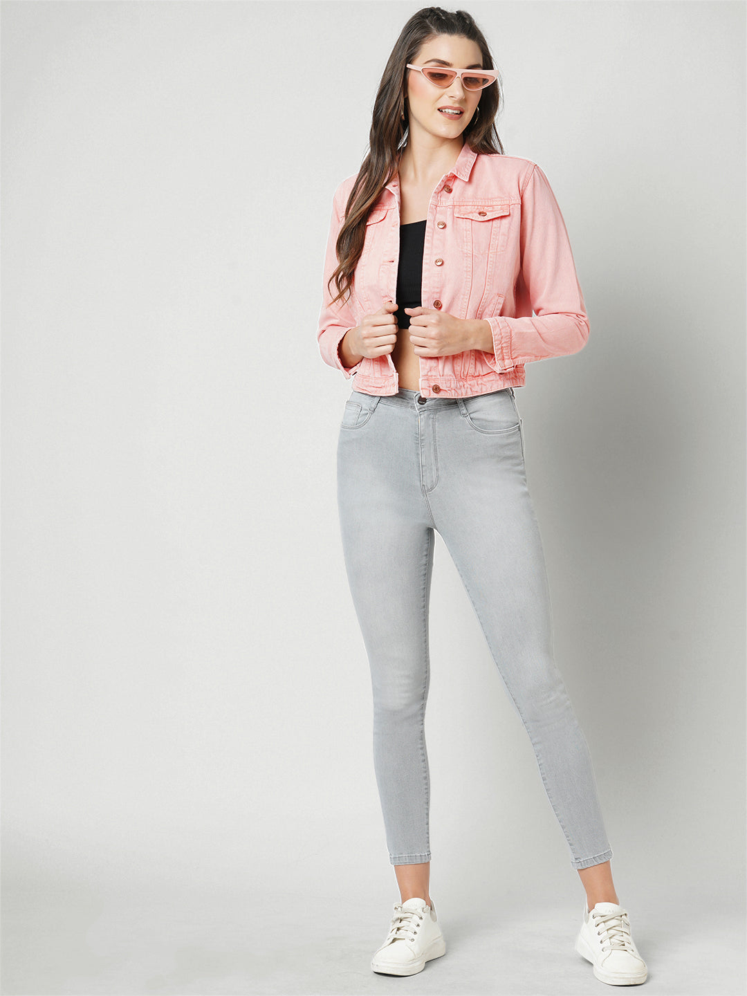 Women Pink Solid Denim Jacket