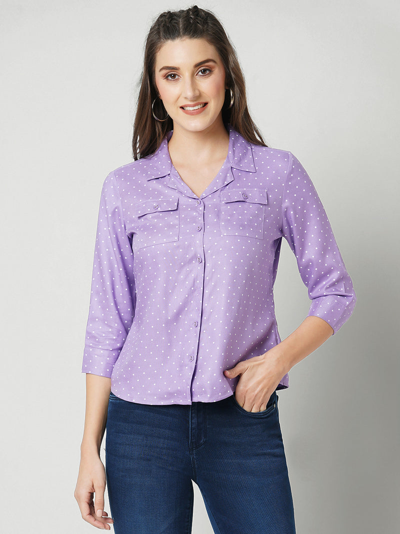 Women Lilac Polka Dot Three-Quarter Sleeves Shirts