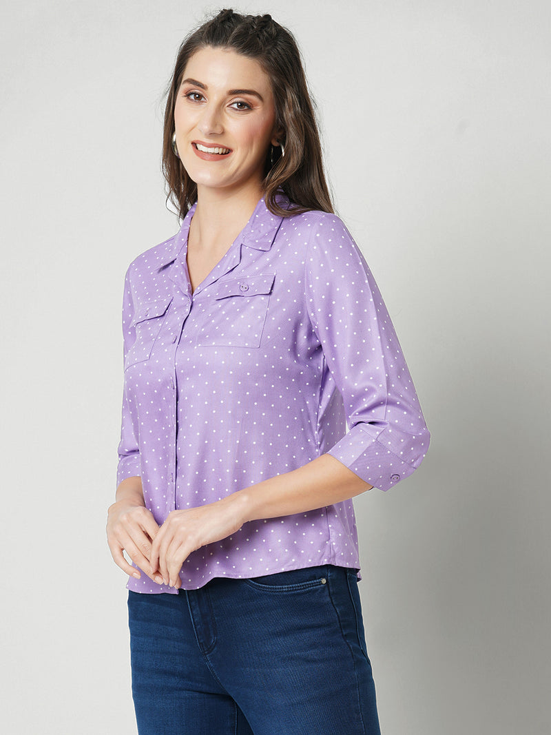 Women Lilac Polka Dot Three-Quarter Sleeves Shirts