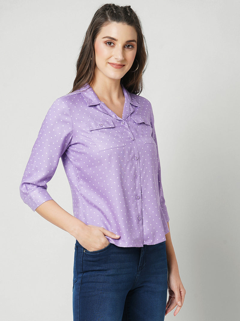 Women Lilac Polka Dot Three-Quarter Sleeves Shirts