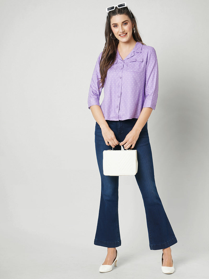 Women Lilac Polka Dot Three-Quarter Sleeves Shirts