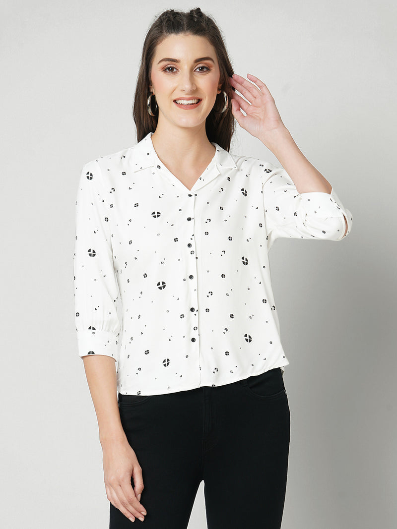 Women Off White Printed Three-Quarter Sleeves Shirts