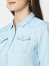 Women Light Blue Solid Three-Quarter Sleeves Shirts