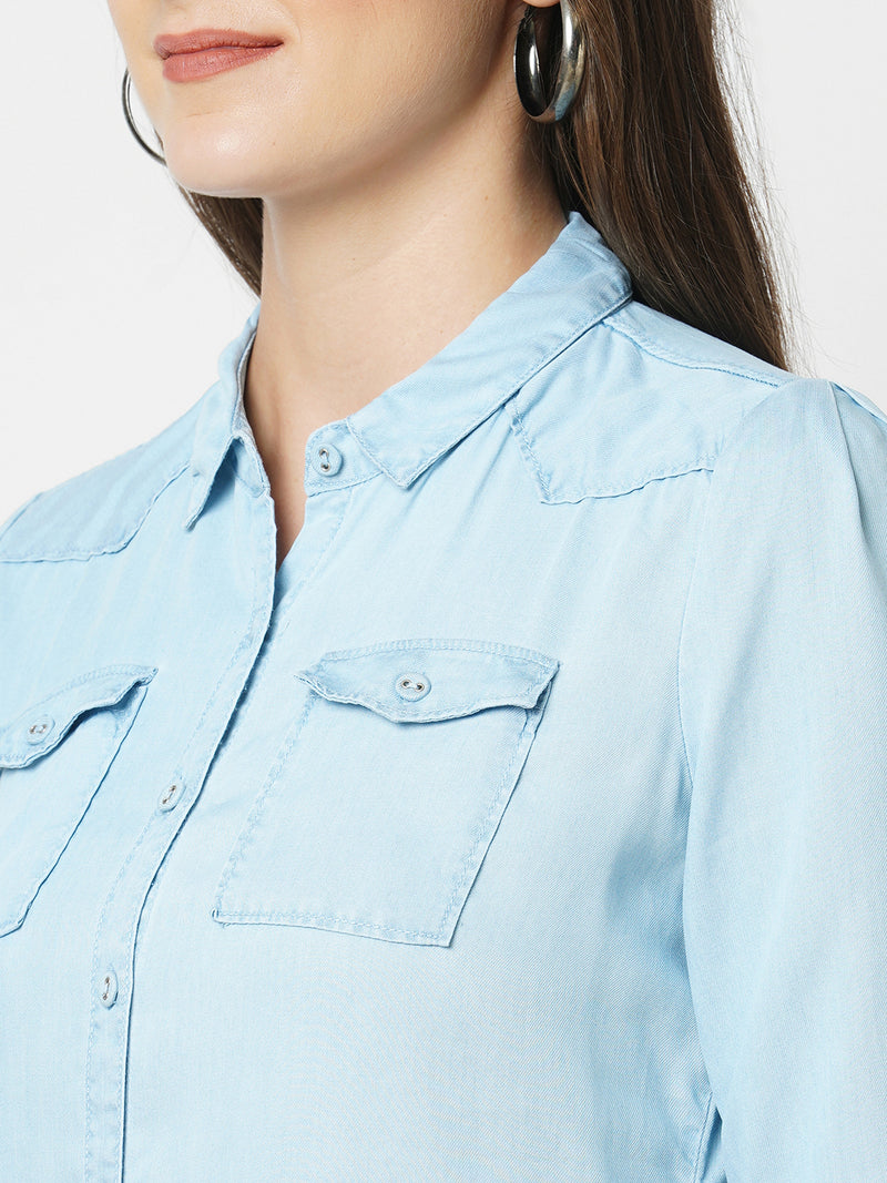 Women Light Blue Solid Three-Quarter Sleeves Shirts