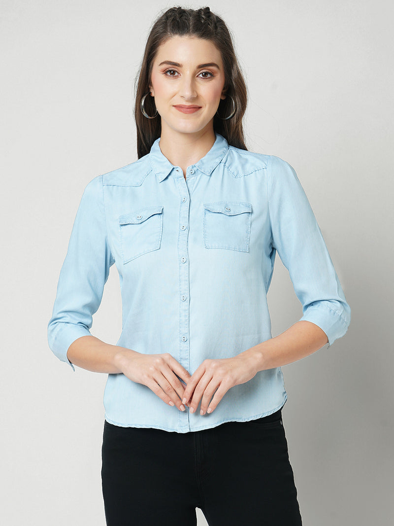 Women Light Blue Solid Three-Quarter Sleeves Shirts