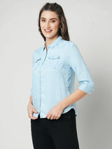 Women Light Blue Solid Three-Quarter Sleeves Shirts