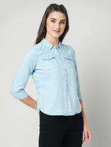Women Light Blue Solid Three-Quarter Sleeves Shirts