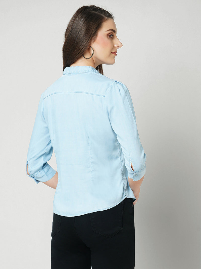 Women Light Blue Solid Three-Quarter Sleeves Shirts