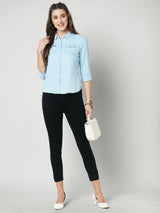 Women Light Blue Solid Three-Quarter Sleeves Shirts