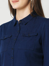 Women Ink Blue Solid Three-Quarter Sleeves Shirts