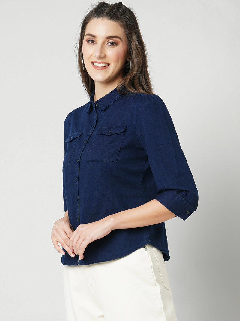 Women Ink Blue Solid Three-Quarter Sleeves Shirts