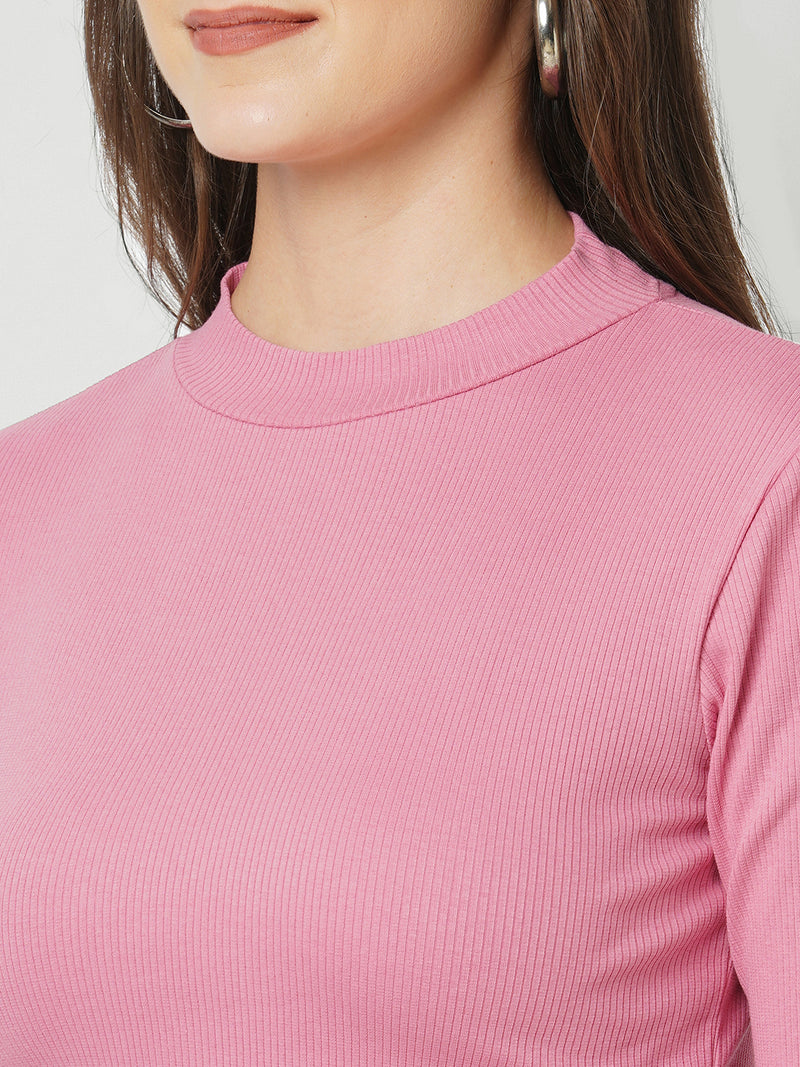 Women Blush Pink Solid Three-Quarter Sleeves T-Shirts