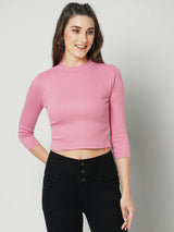 Women Blush Pink Solid Three-Quarter Sleeves T-Shirts