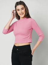 Women Blush Pink Solid Three-Quarter Sleeves T-Shirts