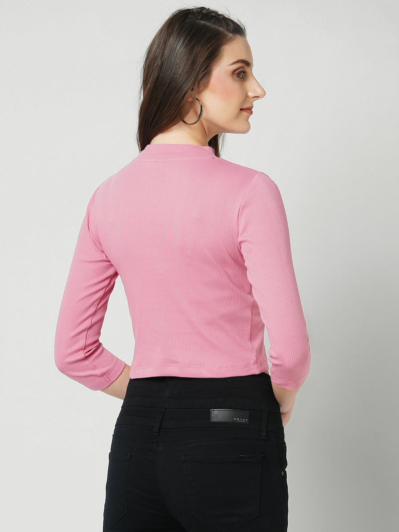 Women Blush Pink Solid Three-Quarter Sleeves T-Shirts