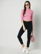 Women Blush Pink Solid Three-Quarter Sleeves T-Shirts