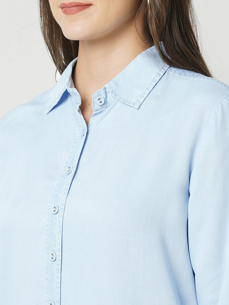 Women Light Blue Solid Full Length Shirts