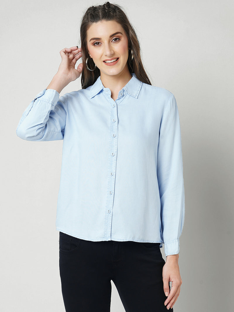 Women Light Blue Solid Full Length Shirts