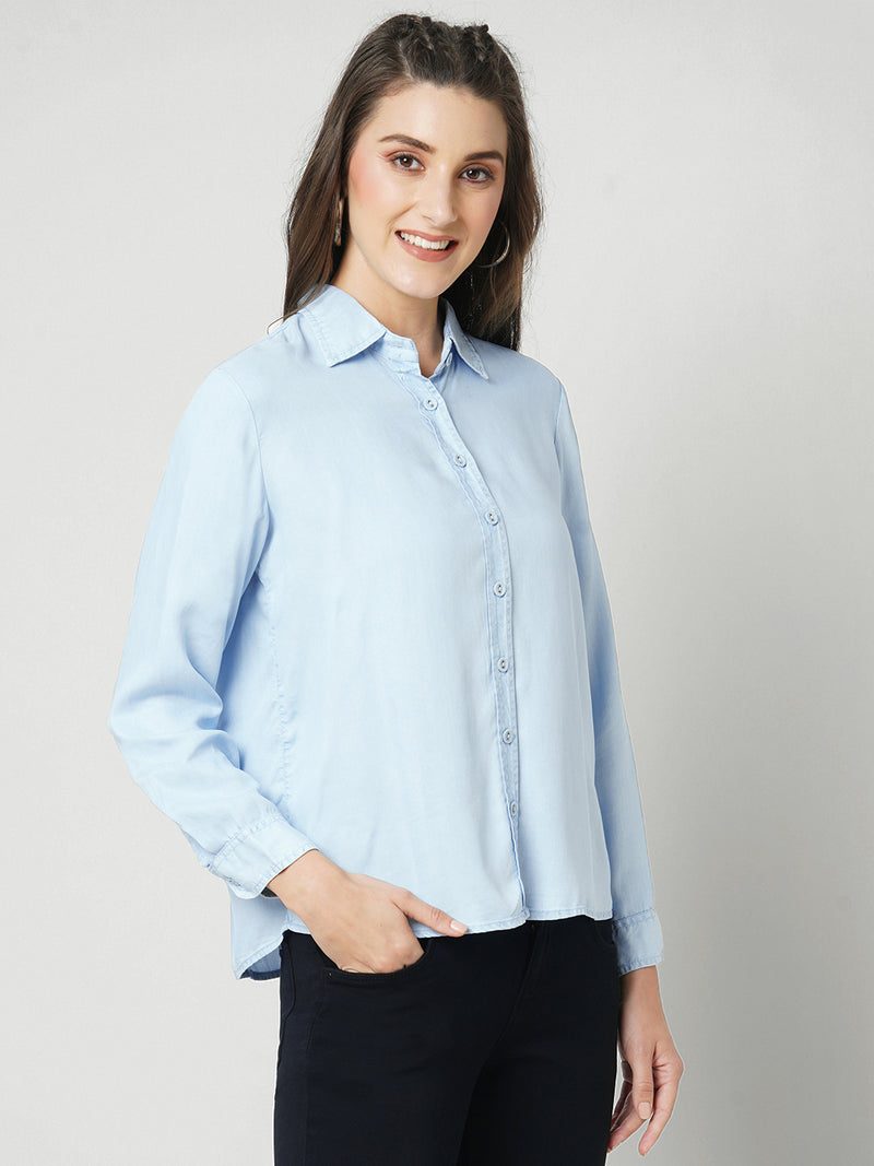 Women Light Blue Solid Full Length Shirts