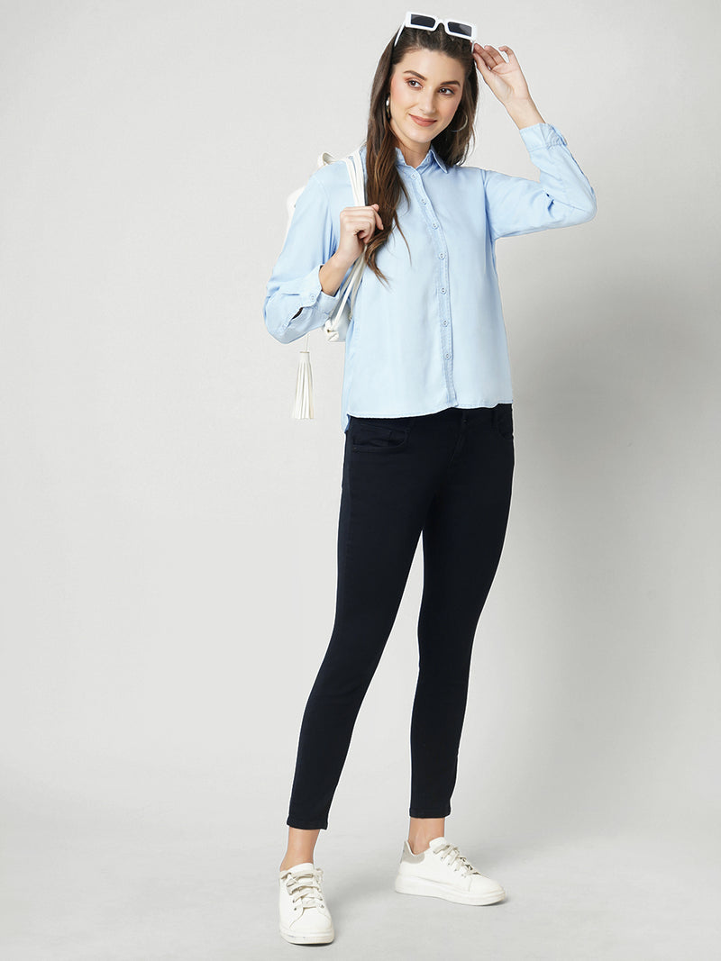 Women Light Blue Solid Full Length Shirts