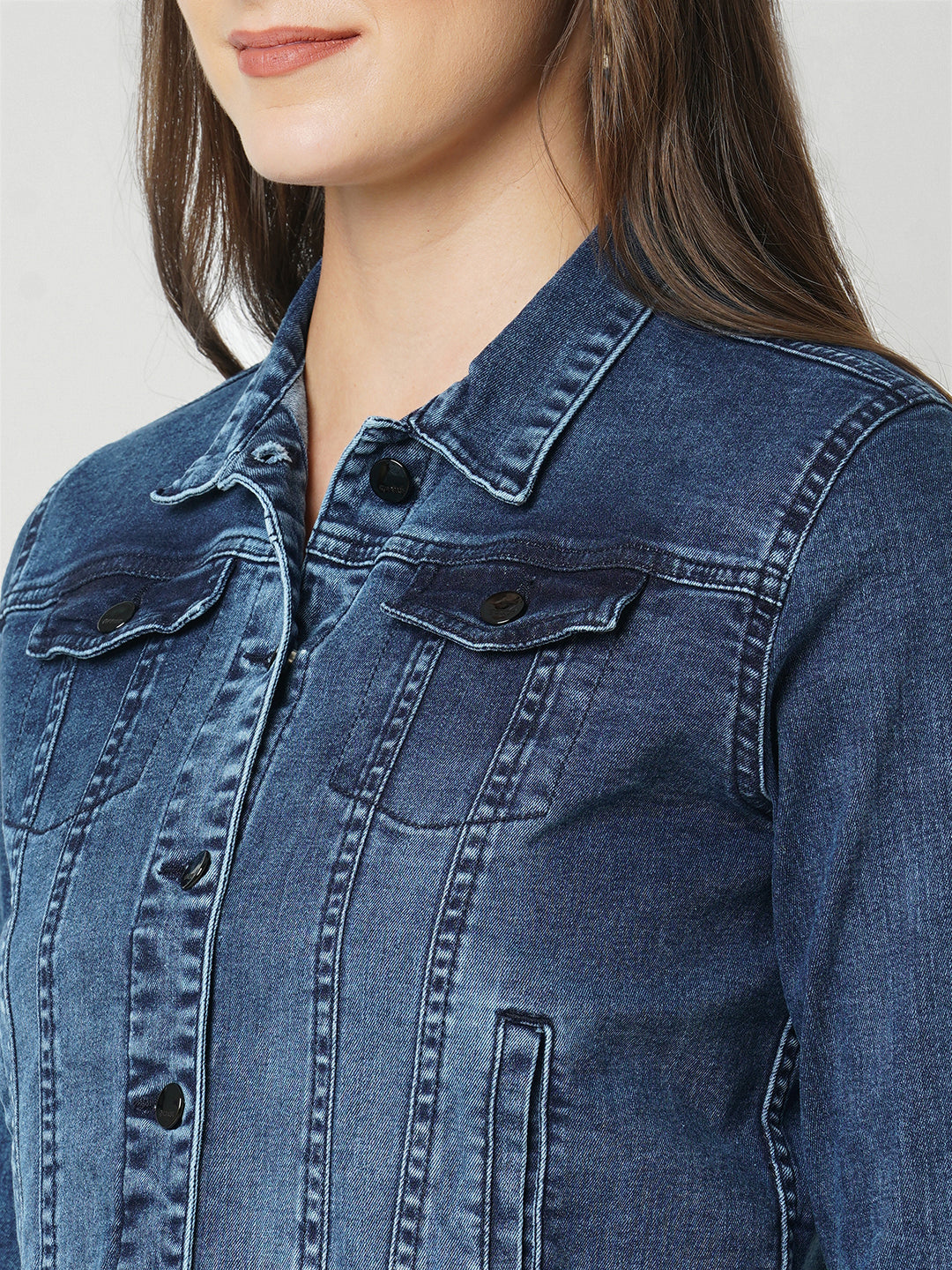 Women Navy Slim Fit Denim Jacket