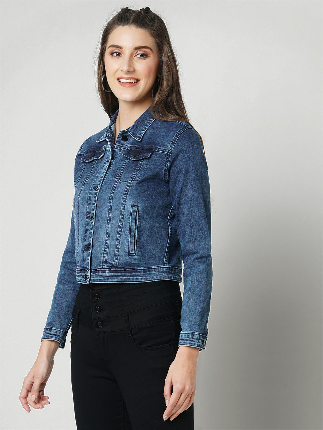 Women Navy Slim Fit Denim Jacket