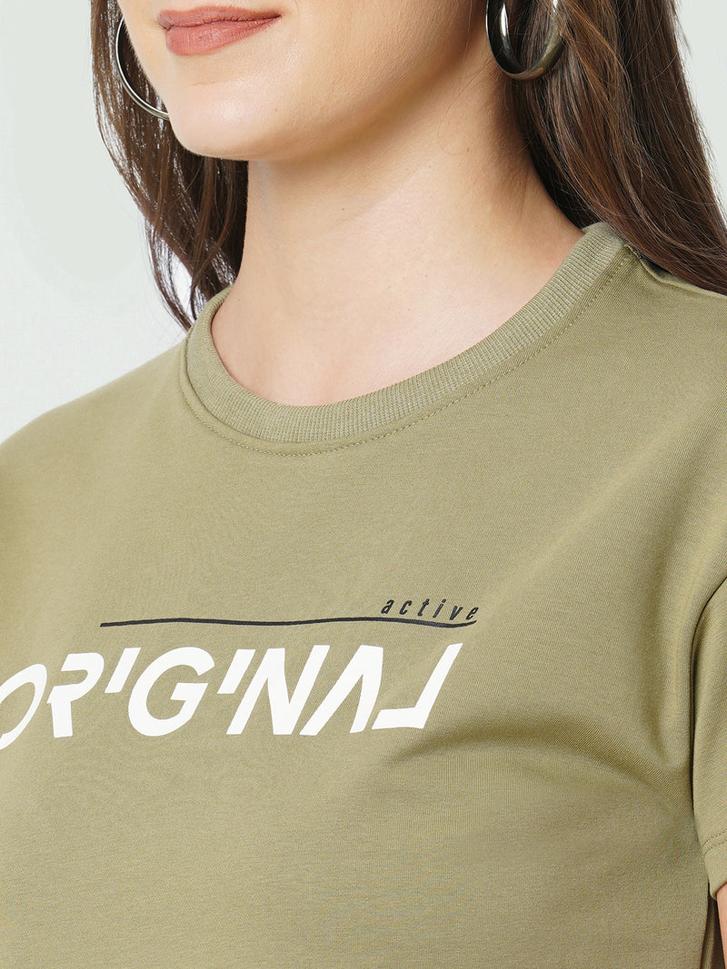 Women Olive Printed Short Sleeves Athleisure Top