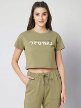 Women Olive Printed Short Sleeves Athleisure Top