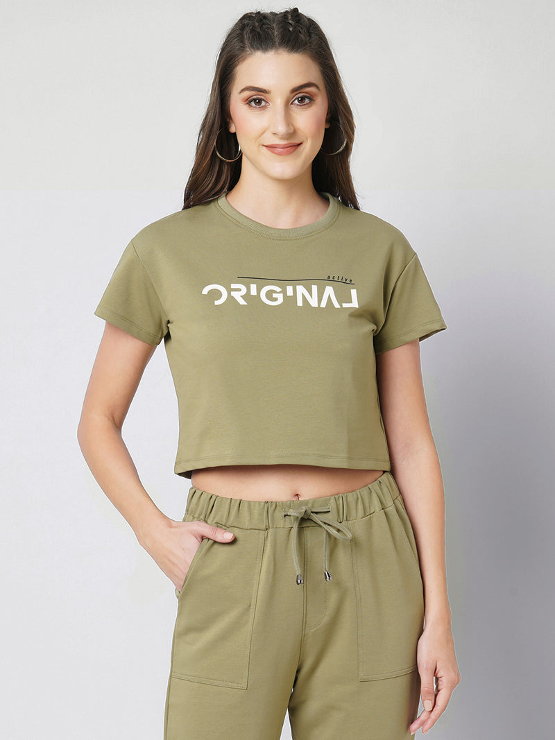 Women Olive Printed Short Sleeves Athleisure Top