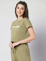 Women Olive Printed Short Sleeves Athleisure Top