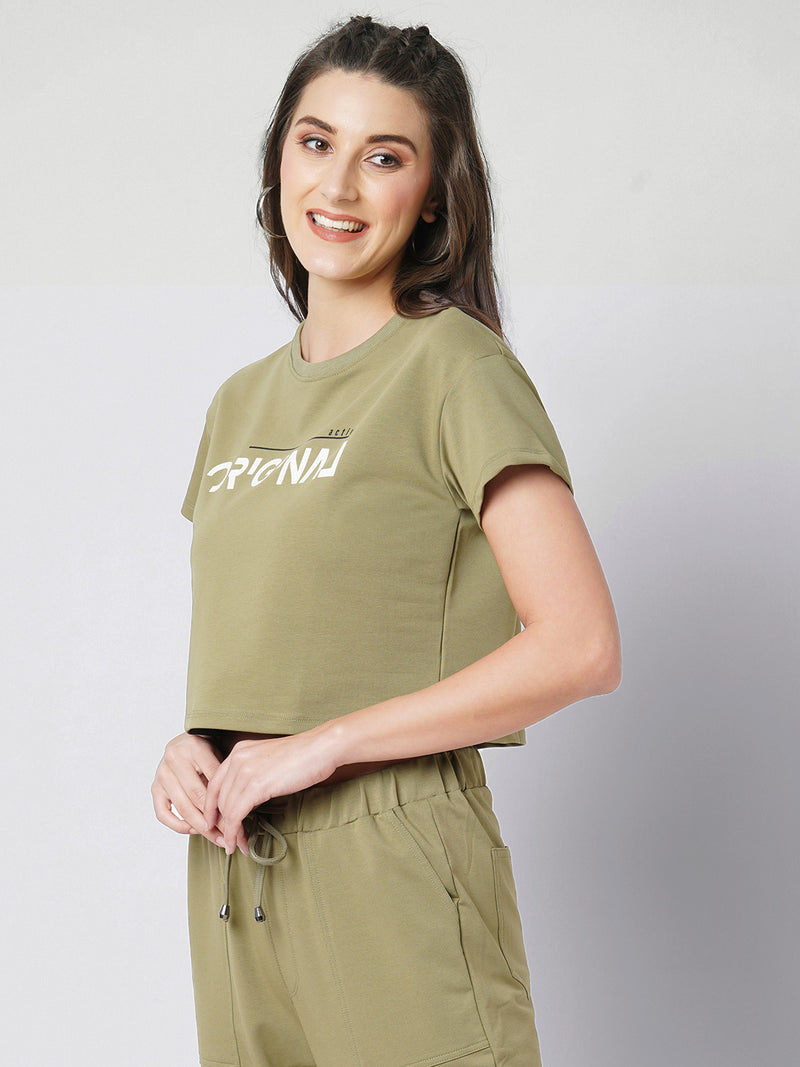 Women Olive Printed Short Sleeves Athleisure Top