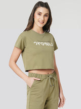 Women Olive Printed Short Sleeves Athleisure Top