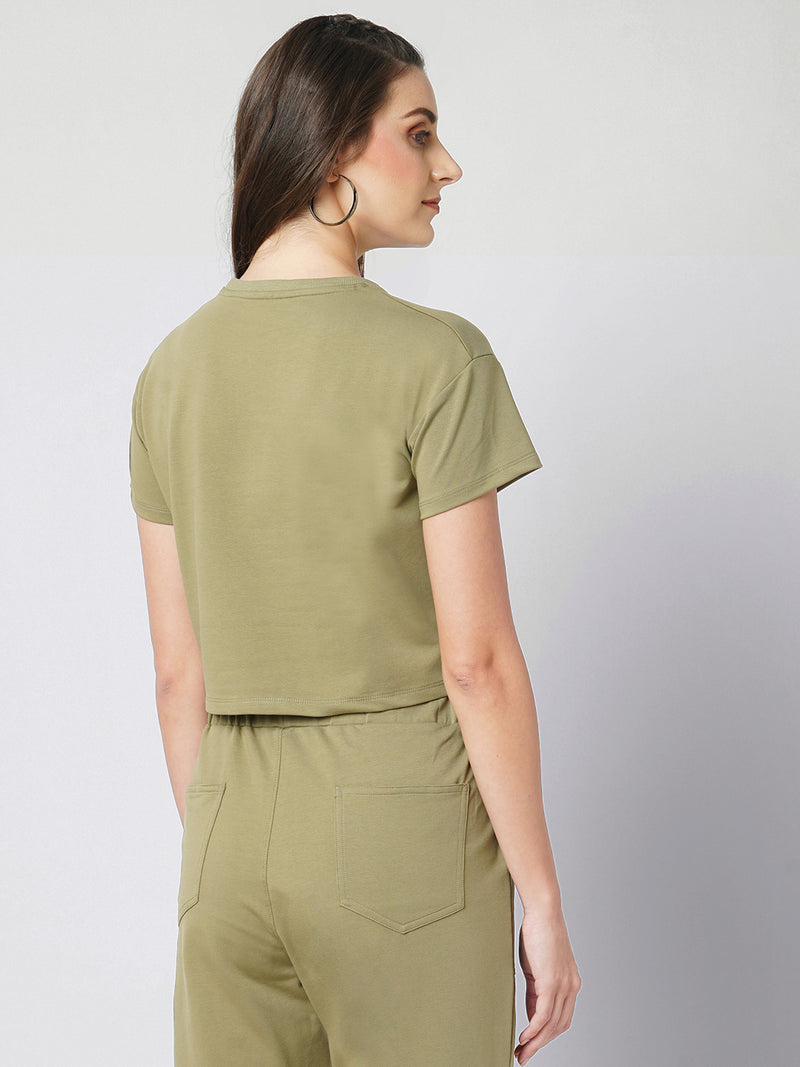 Women Olive Printed Short Sleeves Athleisure Top