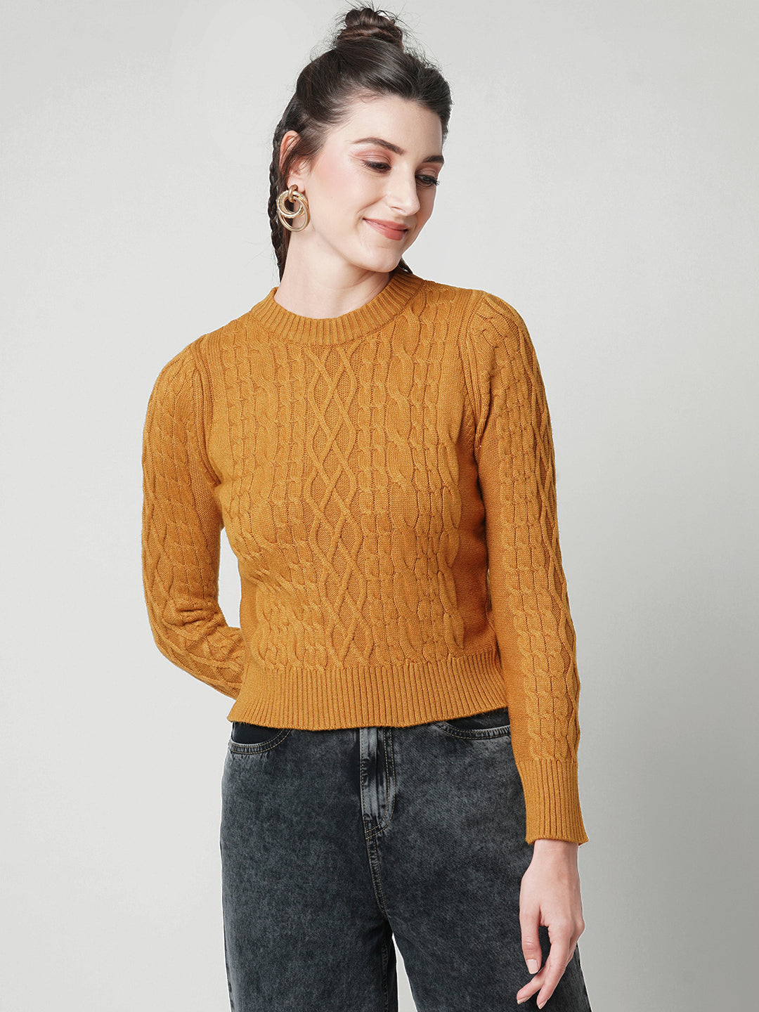Women Honey Mustard Slim Fit Sweater