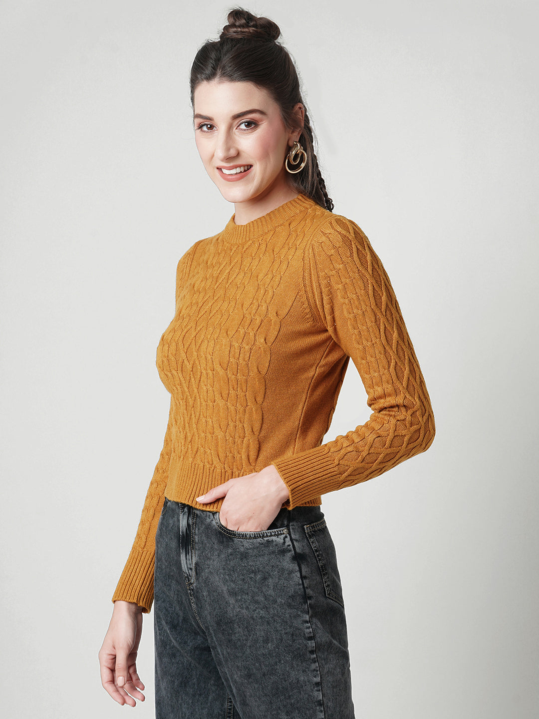 Women Honey Mustard Slim Fit Sweater