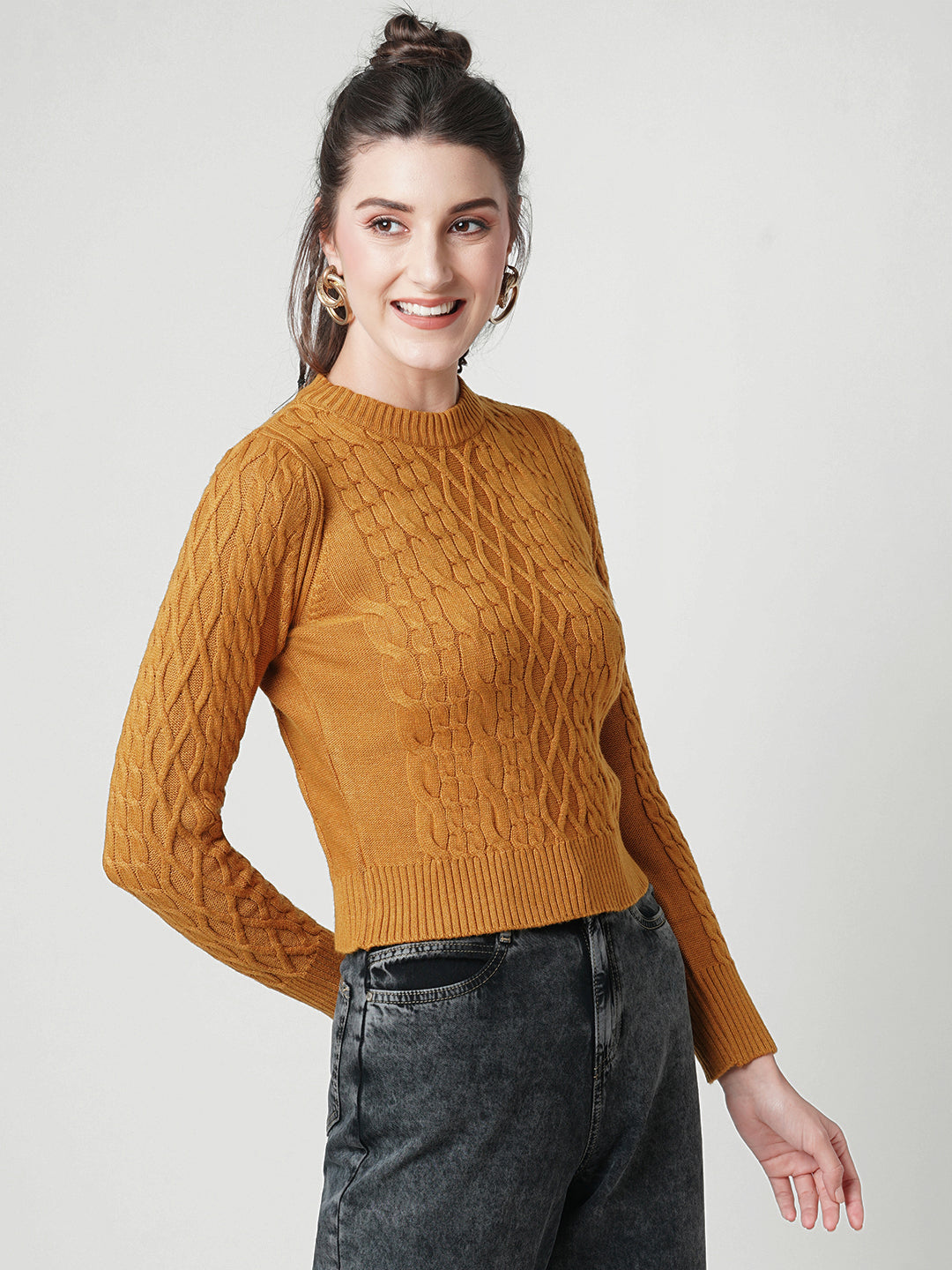 Women Honey Mustard Slim Fit Sweater