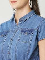 Women Dark Blue Solid Short Sleeves Denim Dress