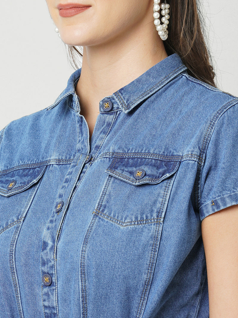 Women Dark Blue Solid Short Sleeves Denim Dress