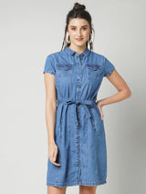 Women Dark Blue Solid Short Sleeves Denim Dress