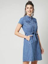 Women Dark Blue Solid Short Sleeves Denim Dress