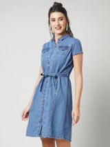 Women Dark Blue Solid Short Sleeves Denim Dress