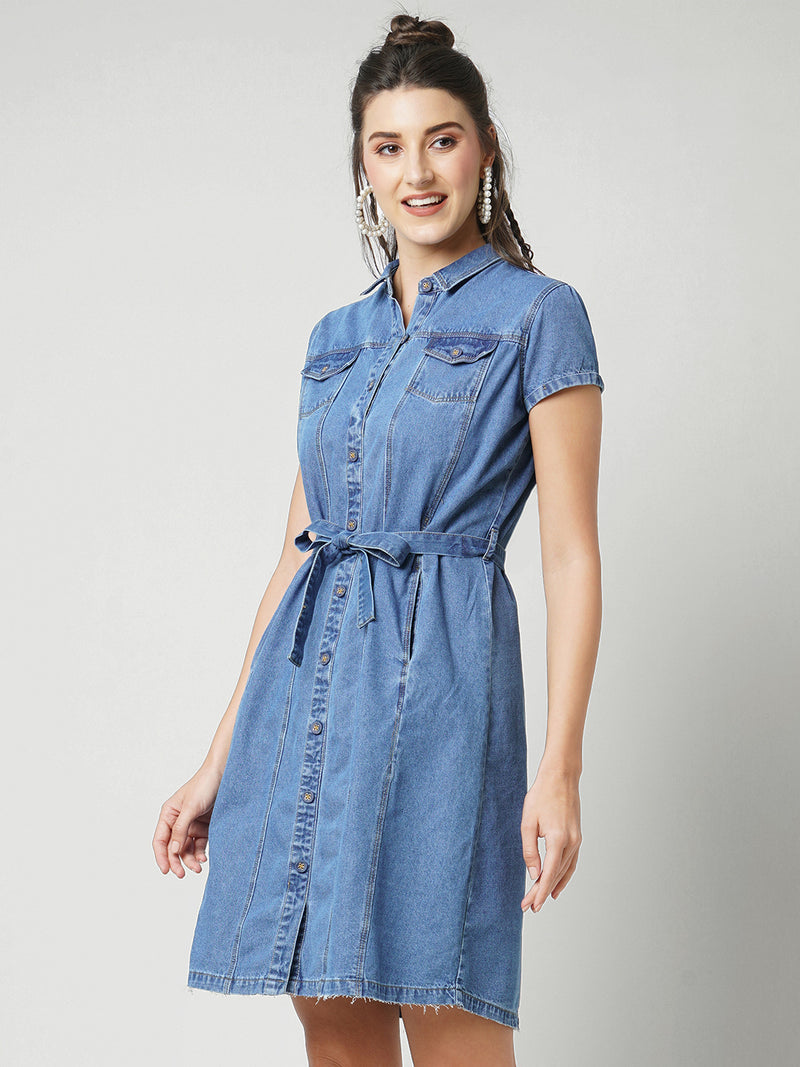 Women Dark Blue Solid Short Sleeves Denim Dress