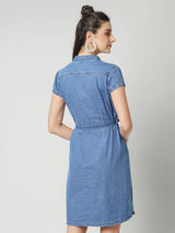 Women Dark Blue Solid Short Sleeves Denim Dress